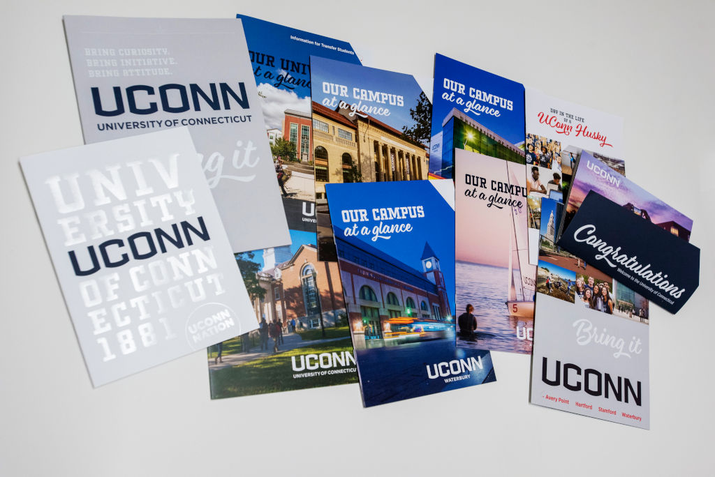 Marketing materials for Admissions on Jan. 7, 2019. (Sean Flynn/UConn Photo)