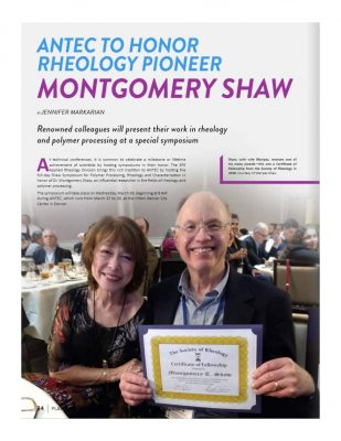 Photo of Monty Shaw with wife, Maripaz, receiving one of his many awards - this one a Certificate of Fellowship from the Society of Rheology in 2018